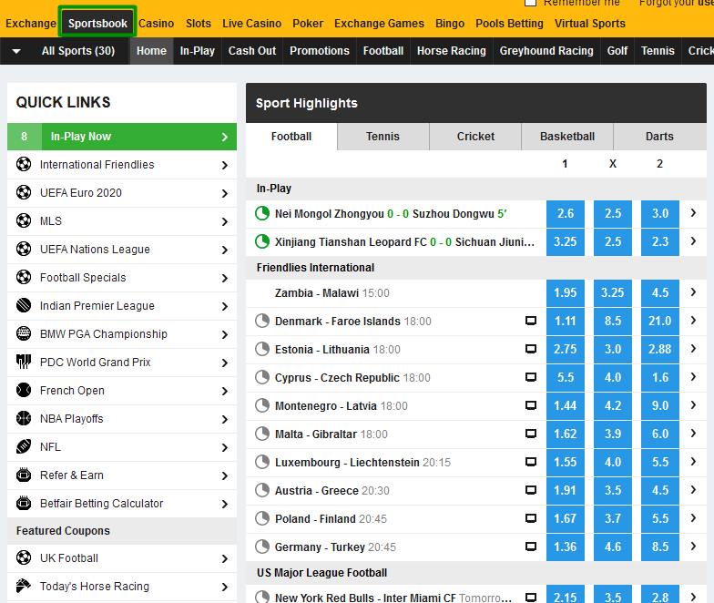 Sportbook screen